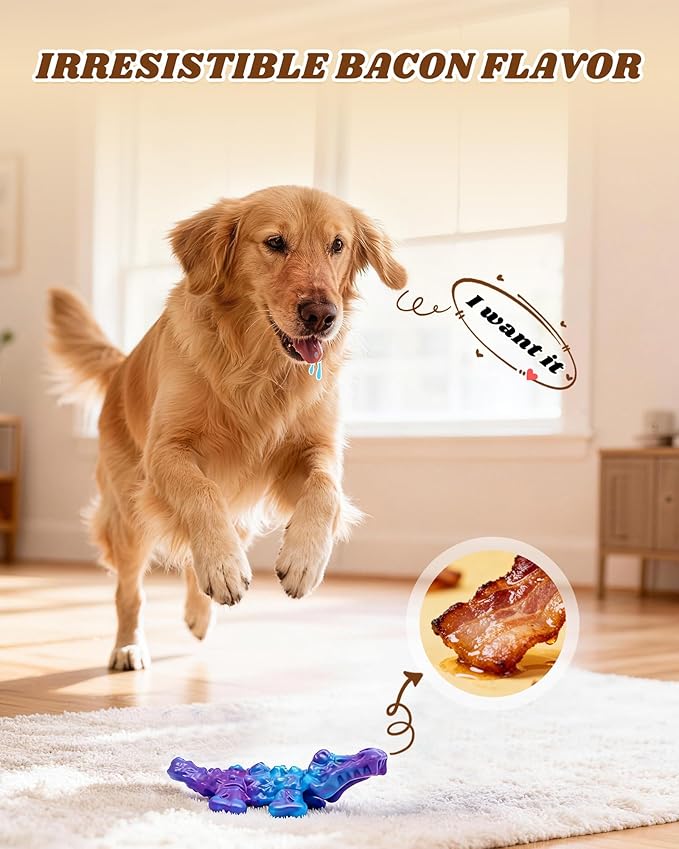 BoYoYo Tough Dog Toys for Aggressive Chewers 2 Pack, Indestructible Dog Toy for Large Dogs, Durable Dog Toys to Keep Them Busy for Large Breed, Teeth Cleaning and Training, Bacon Flavor, Purple&Green