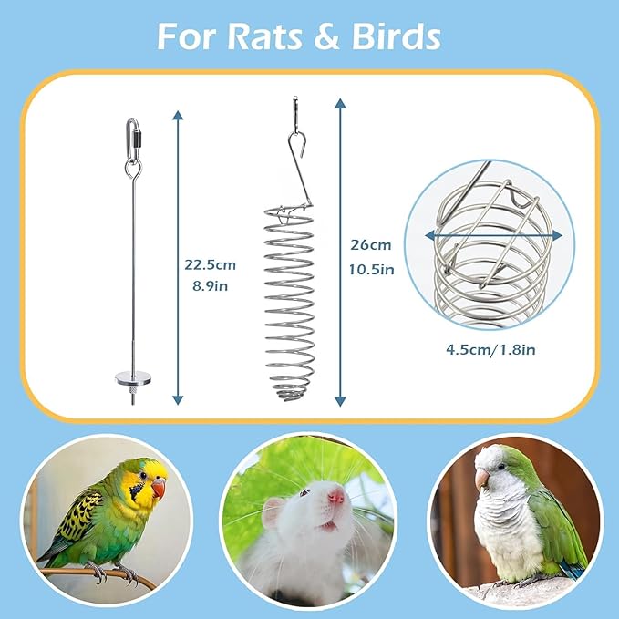 2Pcs Rat Enrichment Toys & Natural Grass Rat Hammock, Stainless Steel Foraging Holder and Chew Proof Bowl-Shaped Bed for 1-2 Rats Mice Parakeet