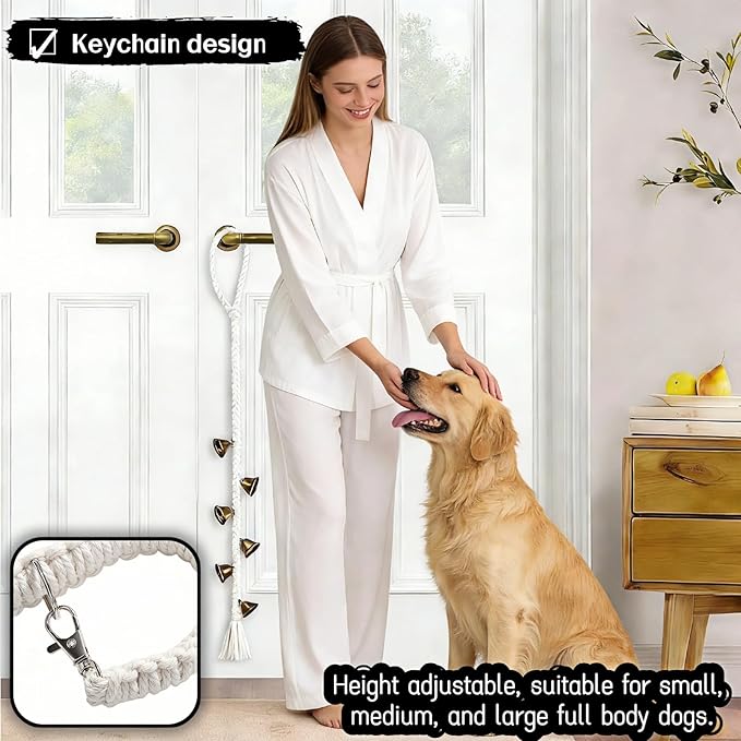 Dog Doorbell for Potty Training with 6 Extra Loud Bells - Handmade Cotton Rope Adjustable Hanging Pet Bell, Indoor/Outdoor Use for Small Medium Large Dogs (Beige/Bronze Tone)