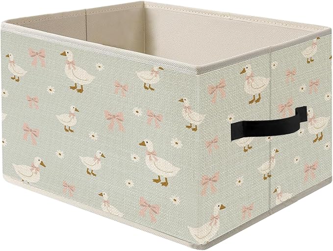 Pink Bow Floral Goose Storage Bins, Goose Nursery Decor, Cute Geese Foldable Closet Organizers Storage Basket Toybox for Kids Toddler Teens Playroom Bedroom Clothes Bed Sheets Blankets Toys