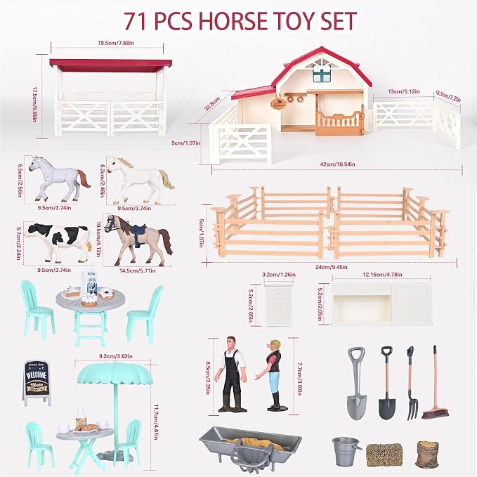 Peagprav Horse Club Riding Arena 71-Piece, Horse Stable Toys Playset, Farmmer Figures,Farm Animal Figurine, Coffee Shop, Barn with Fence Toys for 3-7 Years Old Kids Boys Girls Toddlers