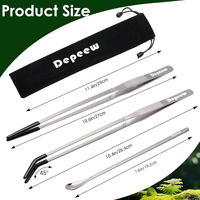 Reptile Feeding Tongs Long Tweezers, 4 Pack Stainless Steel Reptile Tweezers Set, 10.6" Straight & Curved Tweezers with Soft Rubber Tip, for Aquarium Terrarium, Crafts, Reptile Tank Accessories