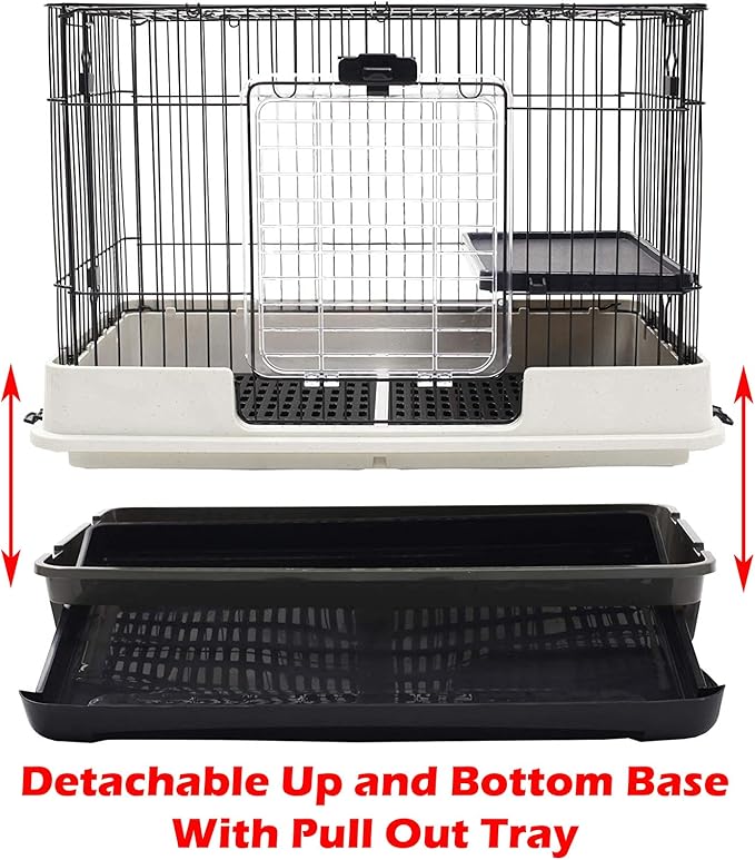 Deluxe 2-Level in/Outdoor Rabbit Hutch Cage for Ferret Squirrel Chinchilla Paw Safe Solid Platform Ramp Mesh Floor Pull Out Leakproof Easy Clean 2-Inch Deep Tray Large Access Doors Lockable Casters