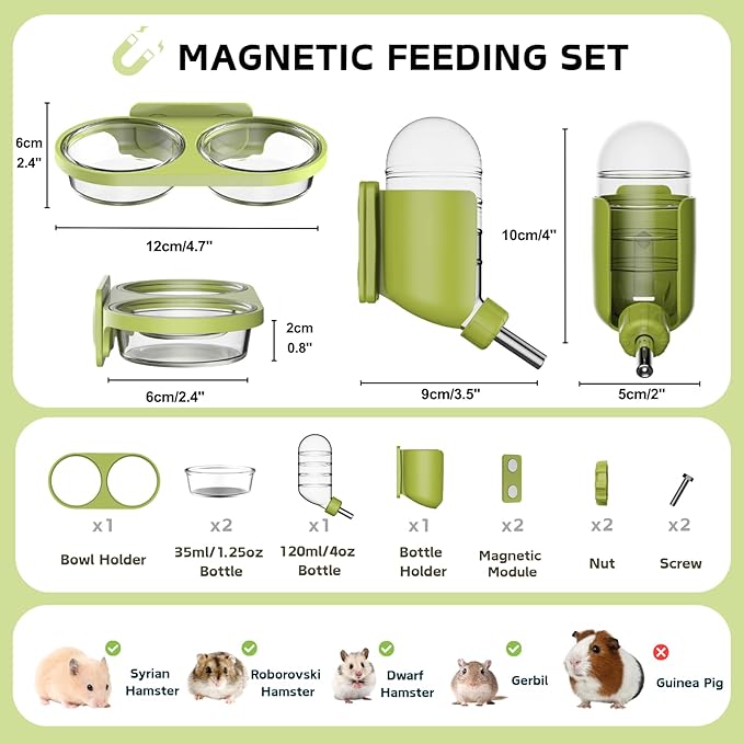 Magnetic Hamsters Feeding Set Freestanding Water Bottle Food Bowl for Glass Tanks, Suitable for Syrian Dwarf Hamsters Gerbils Mice Rats Degus (Green, Magnetic-Mounted)