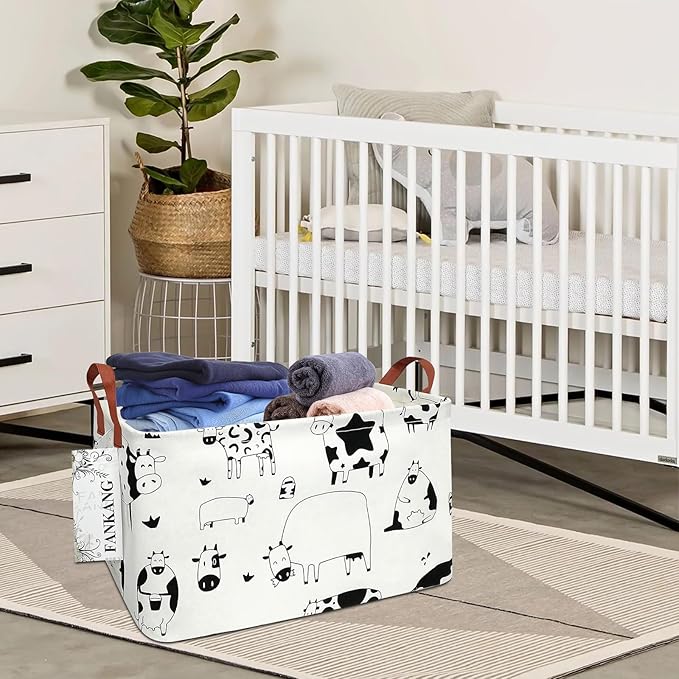 Storage Basket,Nursery Hamper Canvas Laundry Basket Foldable with Waterproof PE Coating Storage, Office, Bedroom, Clothes,Toys(L, Rec-cows)