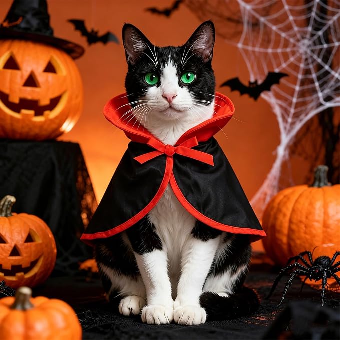 NAMSAN Cat Vampire Costume, Halloween Pet Dracula Cape for Cats Small Dogs Rabbits, Stand-Up Vampire Cloak Small Breed, Small Pets Halloween Cosplay Outfit Party Dress Up