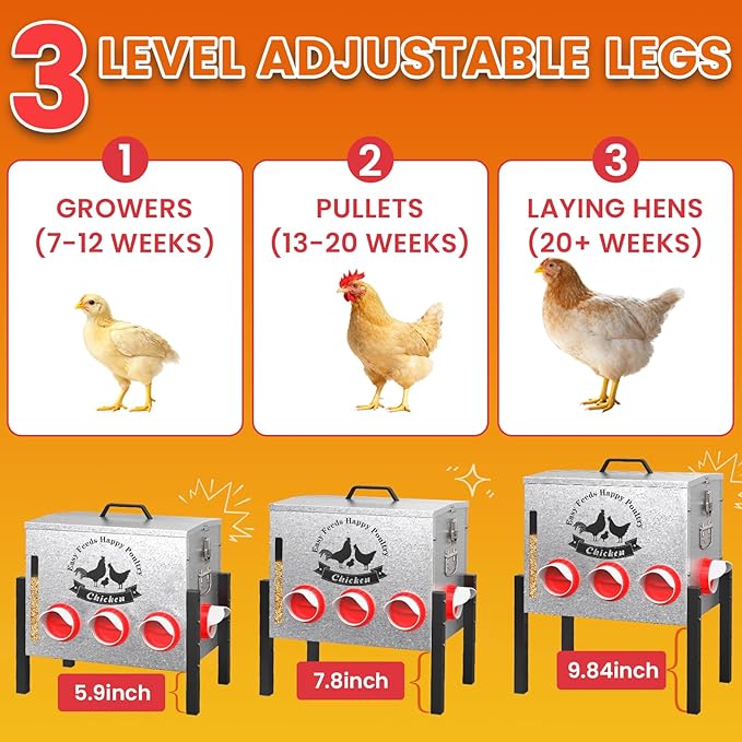 10gal 55LB Large Automatic Chicken Feeder with Window - 8 Port No Waste Design, Rust-Proof Alloy Steel with Locking Lid & Adjustable Legs, Waterproof Silo for Hens, Ducks, Geese, Poultry