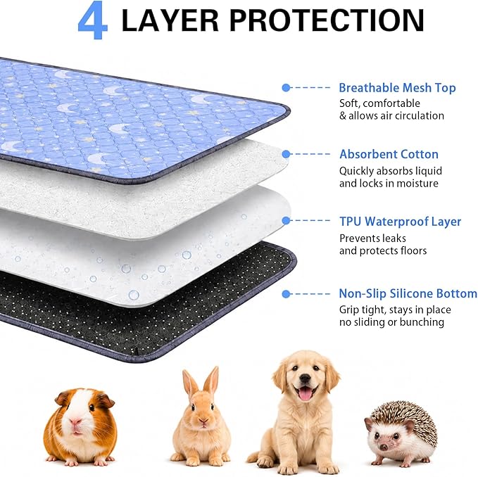 Guinea Pig Cage Liner 2 Pack Super Absorbent Washable Guinea Pig Pee Pads Waterproof Reusable Anti Slip Bedding Pee Pad Mat for Rabbit Bunny Rat Cat (Stars&Moon, 28" x 14" (2 Pack))