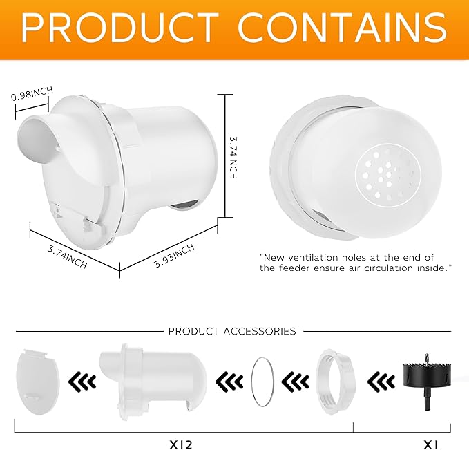 Chicken Feeder Port 12 Pack - No Waste DIY Poultry Feeding Kit with Stopper Lid & Hole Saw, Reusable Rain Proof Automatic Coop Gravity Feeder for Hens Ducks Geese (White)