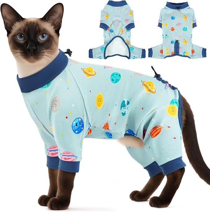 DENTRUN Cat Clothes for Hair Control with Hair Sticky Fabric - Soft Recovery Suit & Breathable Lint-Resistant Cat Sweater for Cats Only, Kitten Onesie Pajamas, XXL, Deep Blue