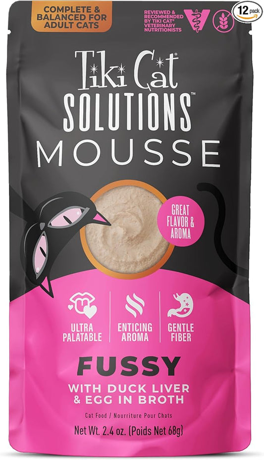 Tiki Cat Solutions Fussy Mousse, Duck Liver & Egg, Specially Formulated to Support Healthy Digestion, Functional Wet Cat for Adult Cats, 2.4 oz. Pouch (12 Count)