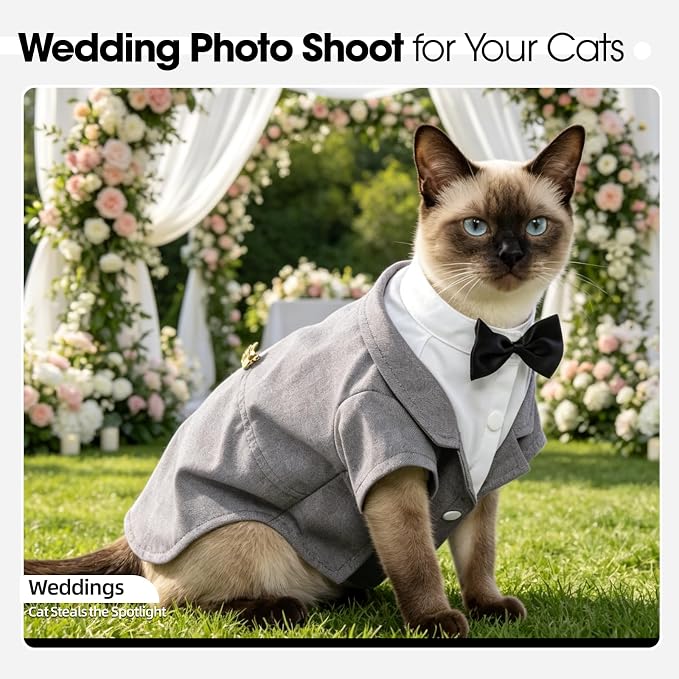 QBLEEV Cat Tuxedo Outfit with Bow Tie, Sphynx Cat Costume Formal Suit Wear | Soft breathable, stylish hairless clothes for cats only, kitten wedding birthday party shirt apparel for male boy