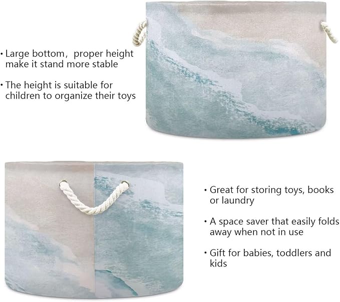 Beach Wave Print Round Storage Basket Blue Sea Ocean Watercolor Wave Large Laundry Hamper 20 x 20 x 14 Inches Organizer Bin with Handles Clothes Storage Bag for Nursery Bedroom Living Room Decor