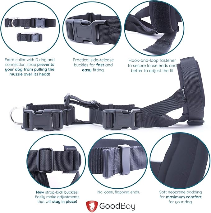 Gentle Muzzle Guard for Dogs - Prevents Biting and Unwanted Chewing Safely Secure Comfort Fit - Soft Neoprene Padding – No More Chafing – Training Guide Helps Build Bonds with Pet (M, Grey)