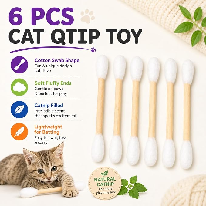 Cat Q Tip Toy with Catnip Cotton Swabs Qtip Cat Toy Pack Catnip Toys for Indoor Cats Giant Qtip Cat Toy Chew Sticks, Durable Felt Interactive