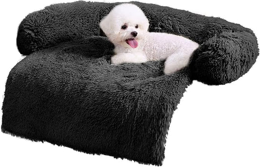 HACHIKITTY Calming Pet Sofa Bed Mat, Washable Fluffy Couch Cover for Dogs and Cats, Anti-Slip Bottom (37"x 33"x 6", Black)