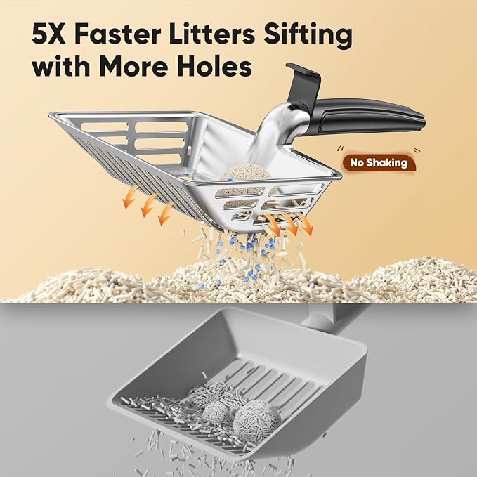 Metal Cat Litter Scoop, Large Cat Scooper with Deep Shovel & Dual Sifting Holes for Fast & Precise Sifting, Space Aluminum Kitty Litter Scooper with Long Handle & Easy-to-Hang Hook - Black