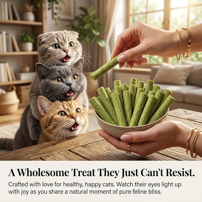 Freeze Dried Cat Grass Sticks, Hairball Relief Treats for Indoor Cats with Chicken & Fish Oil, Dental Teething Snacks for Digestion High Protein Catnip Alternative Pellets (2Pcs(24 Sticks))