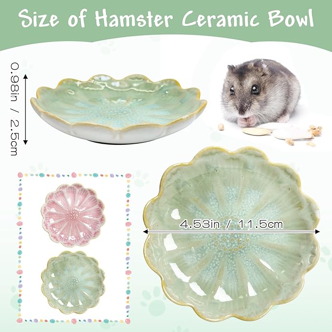 BNOSDM Shallow Ceramic Hamster Food Dish 2 Pcs Small Animals Food Bowl Sunflower Feeding Dishes for Gerbils Mice Rats 4.5in (Green)