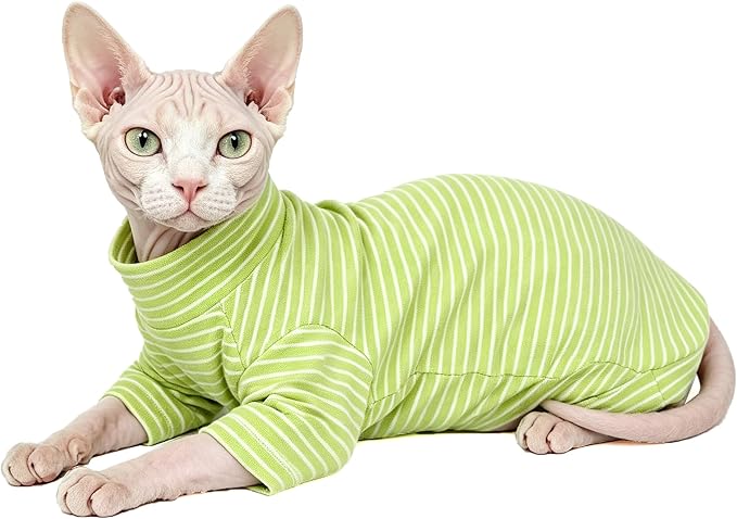 Sphynx Cat Clothes for Cats Only, Narrow Striped Sphynx Shirt Clothes T-Shirts Sweatshirt with Sleeves, Soft Kitten Sphinx Clothes Pet Apparel Devon Rex,Cornish Rex,Peterbald,Green,M