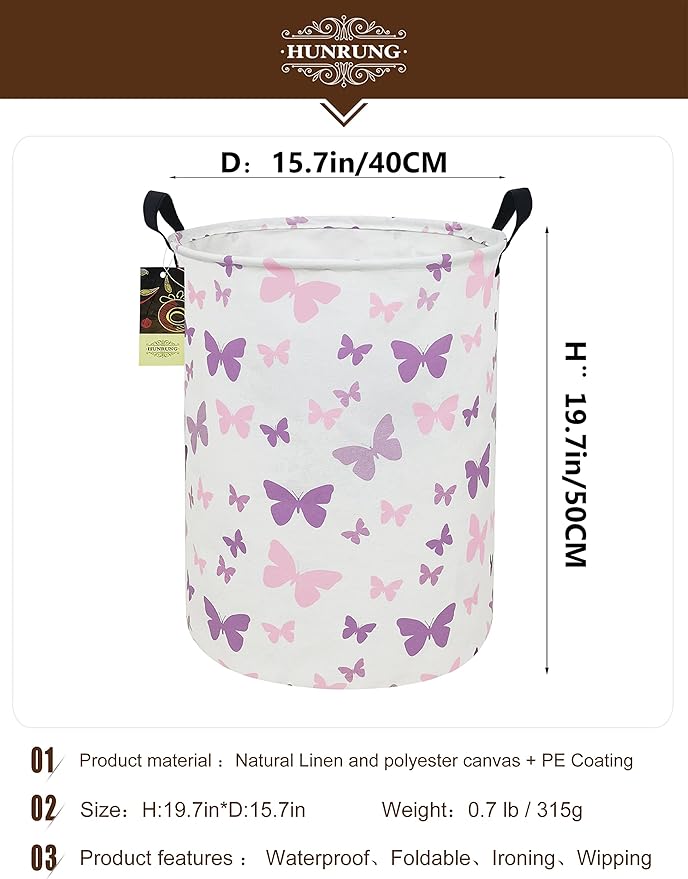 Collapsible Fabric Storage Basket, Waterproof Laundry Hamper with Handles, Round Storage Bin for Clothes Toys, Foldable Organizer for Bedroom Nursery Bathroom(Round-Purple Butterfly)