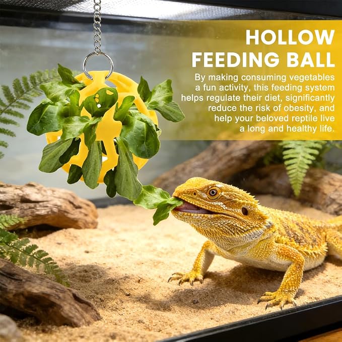 Bearded Dragon Enrichment Toys Feeder Ball Set, Vegetable Feeder Ball & Bell Ball, Exercise Balls Interactive Feed Toys Bells Reptile Tank Accessories for Reptile Lizard Gecko (Yellow)