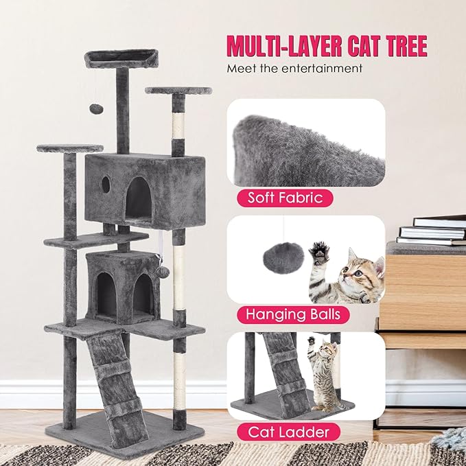 PayLessHere Cat Tree 70in Tower with Cat Scratching Post,Multi-Level Cat Condo Stand House Furniture Kitty Activity Center with Furry Ball Toys Cat Tree for Indoor Cats,Light Grey