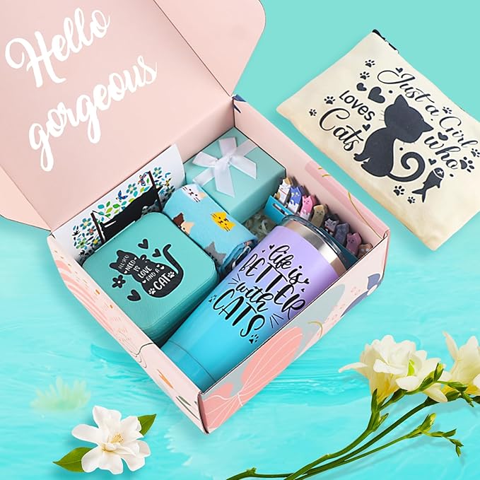 Cat Lover Gifts for Women, Mom Gifts Cat Themed Gift Basket Birthday Teacher Appreciation Valentine's Day Mother's Day Cat Lovers With 20 OZ Tumbler