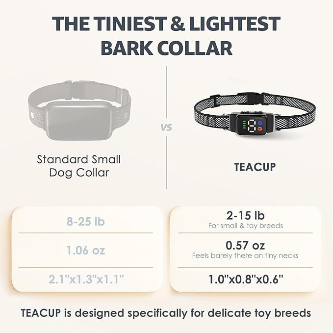 Teacup Bark Collar for Small Dogs 2-15lbs - No Shock Humane Anti Barking Collar with Vibration & Beep - Ultra Light Tiny Dog Bark Collar for Toy Breeds, IP67 Waterproof, Magnetic Rechargeable (Black)