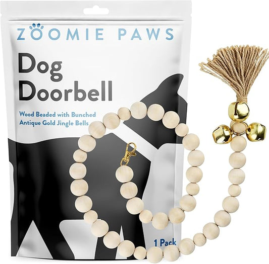 Dog Puppy Training Bell Potty and Outdoor Training Doorbell - Zoomie Paws, Wooden Beaded with Gold Bells