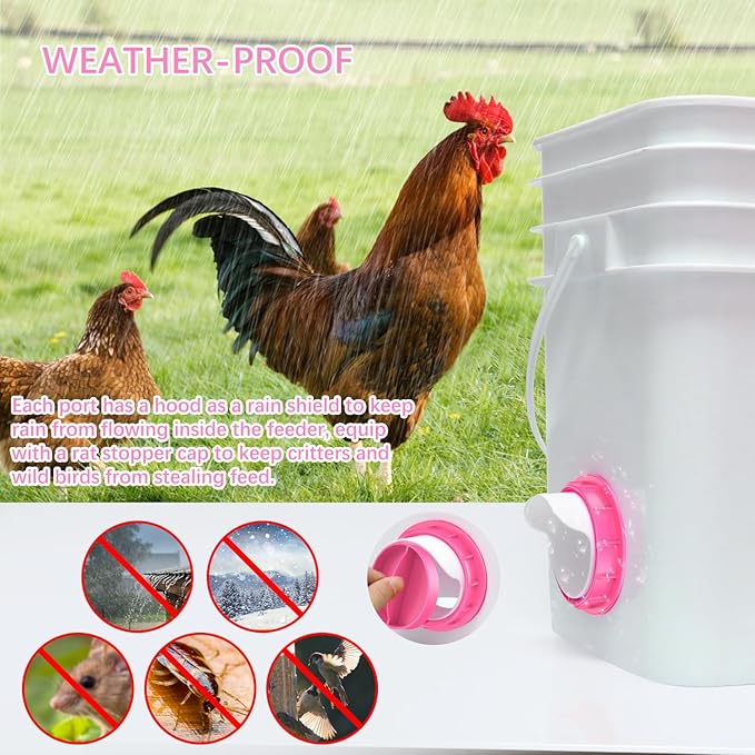 Chicken Feeder Port, 12 Pack Chicken Feeders No Waste with 12 Lids 1 Drill Bit, DIY Automatic Poultry Feeder Cups Kit, Chicken Bucket Feeder for Barrels (Pink)