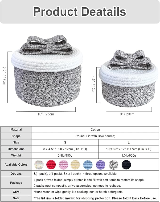 Decorative Storage Baskets with Lids, Small Woven Rope Basket with Lid, Decorative Basket for Home Decor, Dog Toy Storage Baskets with Cute Bow Handle, grayish-brown