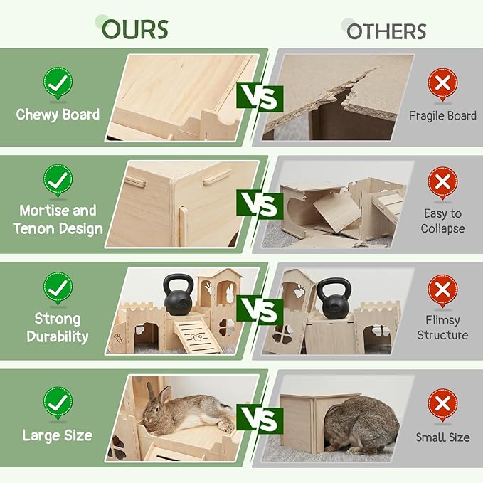 Wooden Rabbit House Extra Large 2-Level Bunny Hideout for Indoor Pets, Castle with Feeder & Stair