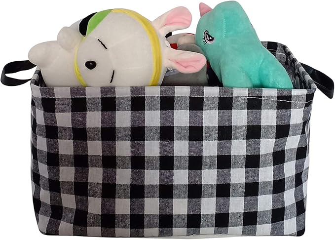 Kid Storage Basket Gift Shelf Basket Toy Storage Bin, Nursery Basket Organizer Box for Children Room Deco With Handles (Black grid)