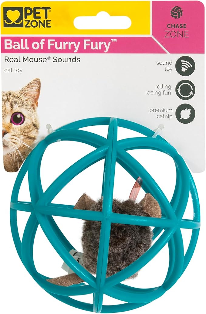 Pet Zone Ball of Furry Fury Premium Catnip Cat Toy with Real Mouse Sounds, for Chase, Rolling and Racing, Teal