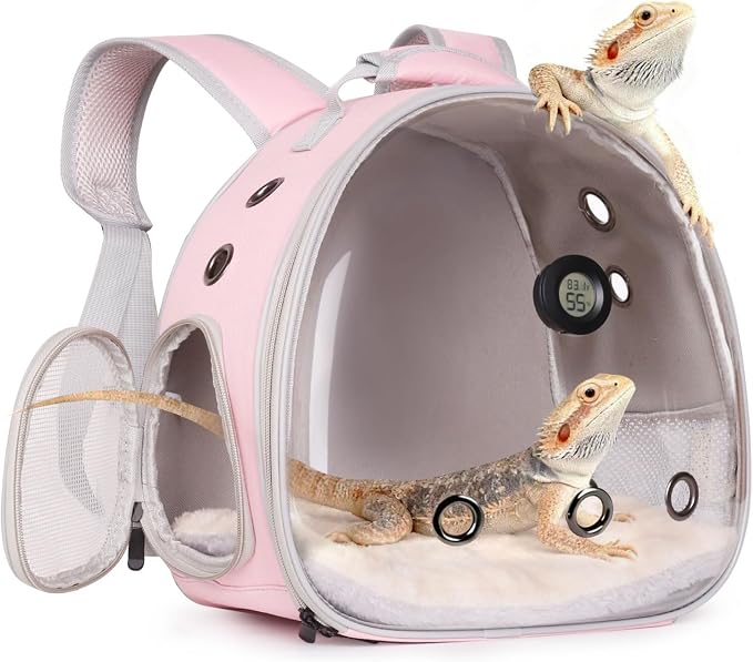 Bearded Dragon Travel Backpack Carrier with Reptile Thermometer and Humidity Gauge Lizard Travel Cage Space Capsule Clear Bubble Window Astronaut Reptile Bag for Ball Python (Pink, Backpack)