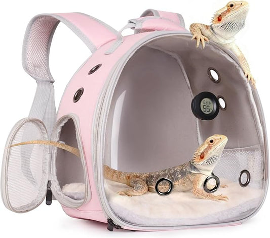 Bearded Dragon Travel Backpack Carrier with Reptile Thermometer and Humidity Gauge Lizard Travel Cage Space Capsule Clear Bubble Window Astronaut Reptile Bag for Ball Python (Pink, Backpack)
