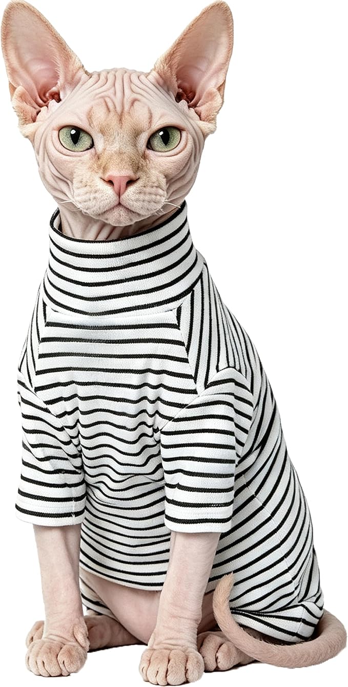 Sphynx Cat Clothes Shirts for Hairless Cat,Classic Striped Kitten Apparel Clothes for Cats Only,Soft Sphinx T-Shirts Sweatshirt with Sleeves for Cornish Rex, Devon Rex,Black,M