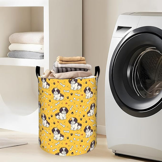 Cute Shih Tzu with Paw and Bone Pattern Laundry Basket with Handles, 19.7"x15.7" Clothes Foldable Puppy Dog Laundry Hamper Organizer for Dorm Nursery Bedroom Bathroom Decor, Toy Storage Bin for Kids