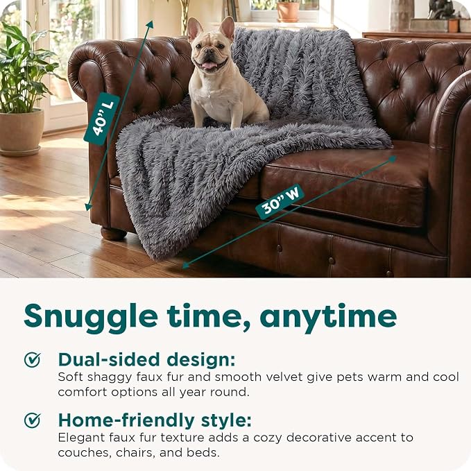 Furhaven Waterproof Throw Blanket for Dogs & Indoor Cats, Washable - Shaggy Plush Calming Long Faux Fur & Velvet Dog Blanket - Gray, Medium