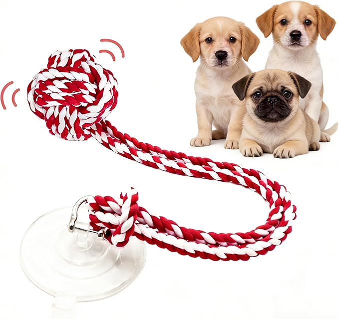 Interactive Dog Toys, Gel Suction Cup Design, Cotton Rope Ball with Built-in Bell, Puppy Teething Toys, Tug of War Dog Toy, Dog Puzzle Toy for Small Dogs, Red & White