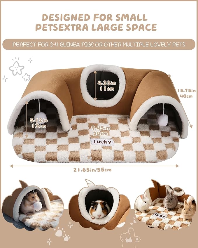 Extra Large Guinea Pig Hideout Tunnel, 3-Cave Small Animal Tunnel for Play Tube Toys Mat, Pet Tunnel for Dwarf Rabbits Bunny Chinchillas Hamsters Hedgehogs Ferrets, Brown, 22.05" × 16.14"× 5.51"