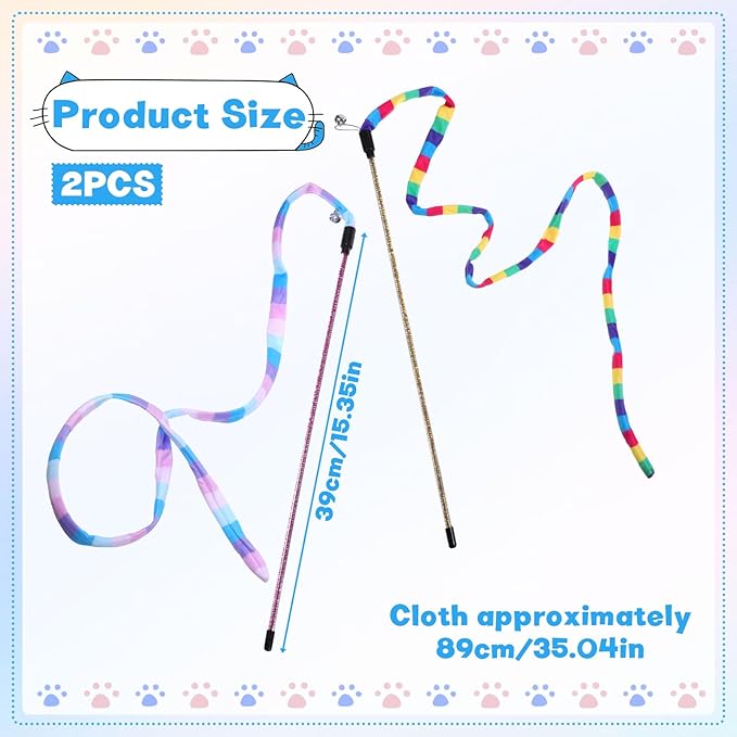 2 Pcs Interactive Cat Rainbow Wand Toys, Colorful Ribbon Teaser with Bells Plush String Toy for Bored Indoor Cats Kittens, Extended Length 15.35in Sturdy Pole for Exercise Keep Fit