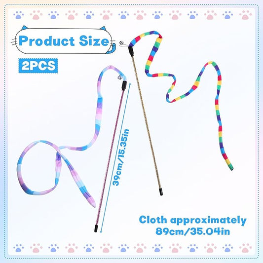 2 Pcs Interactive Cat Rainbow Wand Toys, Colorful Ribbon Teaser with Bells Plush String Toy for Bored Indoor Cats Kittens, Extended Length 15.35in Sturdy Pole for Exercise Keep Fit