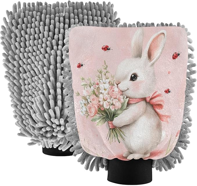 Emelivor Rabbit Flower Ladybugs Car Wash Mitt Microfiber Cleaning Gloves Scrub Mitts Brush Scratch Free for Car Cleaning Supplies 2-Pack