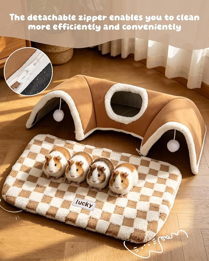 Extra Large Guinea Pig Hideout Tunnel, 3-Cave Small Animal Tunnel for Play Tube Toys Mat, Pet Tunnel for Dwarf Rabbits Bunny Chinchillas Hamsters Hedgehogs Ferrets, Brown, 22.05" × 16.14"× 5.51"