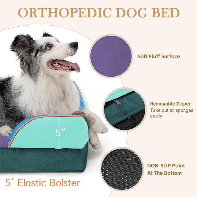 Comfort Expression Orthopedic Dog Bed for Extra Large Dogs with Bolster | Waterproof Dog Couch Bed with Washable Cover & Non-Slip Bottom, Supportive Egg Crate Foam XL Pet Bed, 42x30 Inch