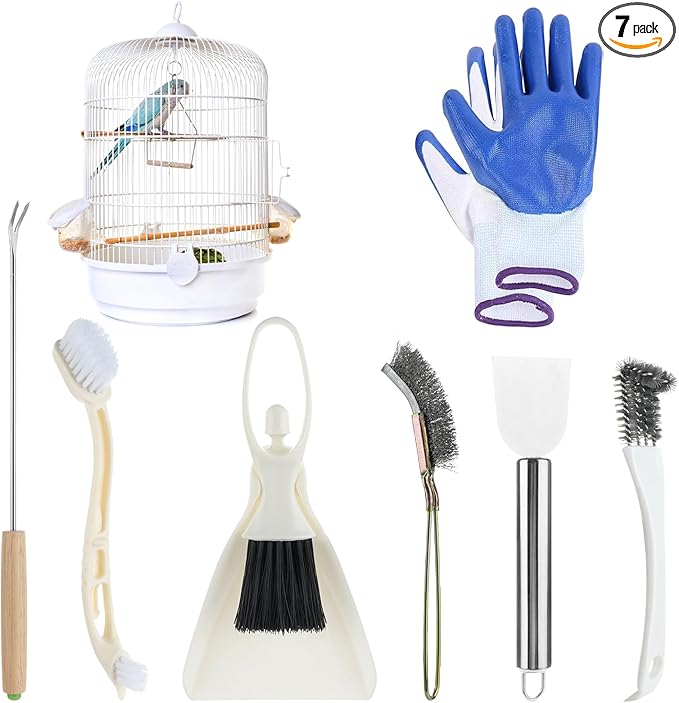 Draupnir Bird Cage Cleaning Supplies 7 Pcs Bird Cage Cleaner Brush Kit, Birds Poop Remover Cleaning Tools Set Cages Accessories