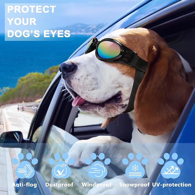 QUMY Dog Sunglasses Dog Goggles for Medium Large Breed Dogs, Wind Dust Fog Protection Eye Wear Pet Glasses with Adjustable Strap for Motorcycle Car Driving Bike Riding Hiking Swimming Over 15lbs Pink