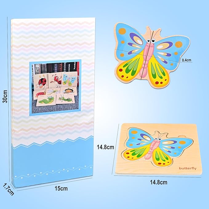 Faburo Wooden Puzzles for Toddlers 1-3, 8pcs Shapes, Insect Animal Themed Montessori Toys for 1 Year Old Learning, Educational Preschool Toys for Boys Girls